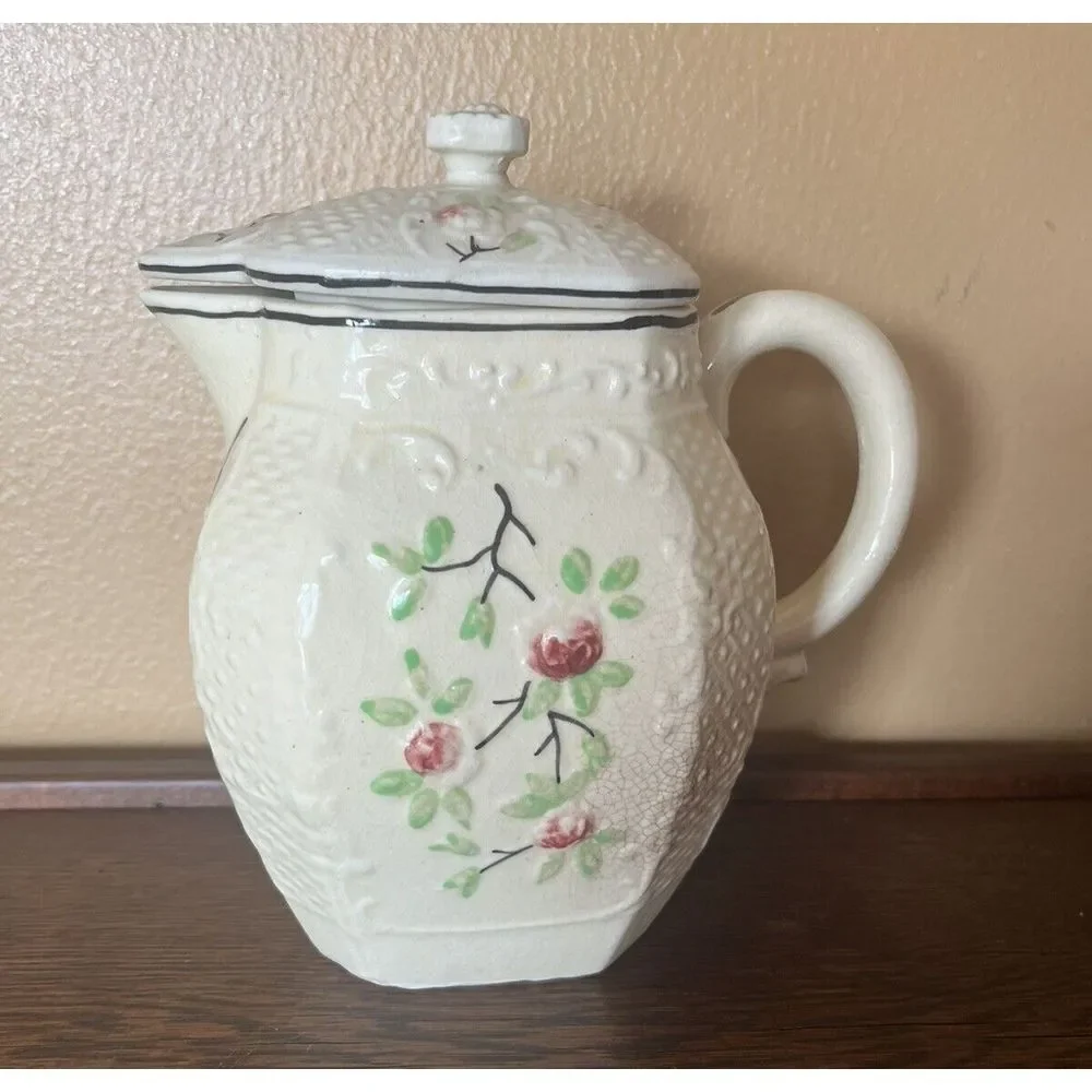Vtg Moriyama Japan Basketweave Majolica Floral Tea Pot Set Cream Sugar Japan